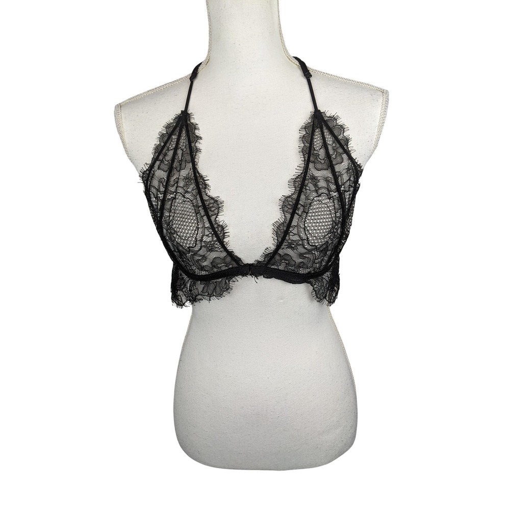 Anine Bing Black Lace Bralette Front Closure Racerback Eyelash Trim Large